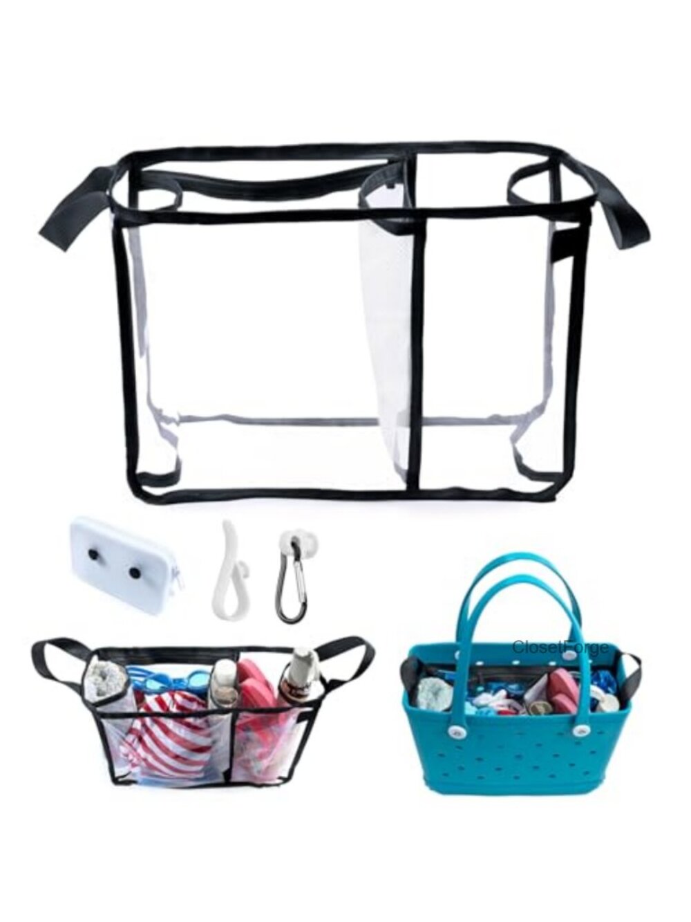 Clear Beach Bag Organizer Insert Waterproof Tote Divider with 3 Accessories